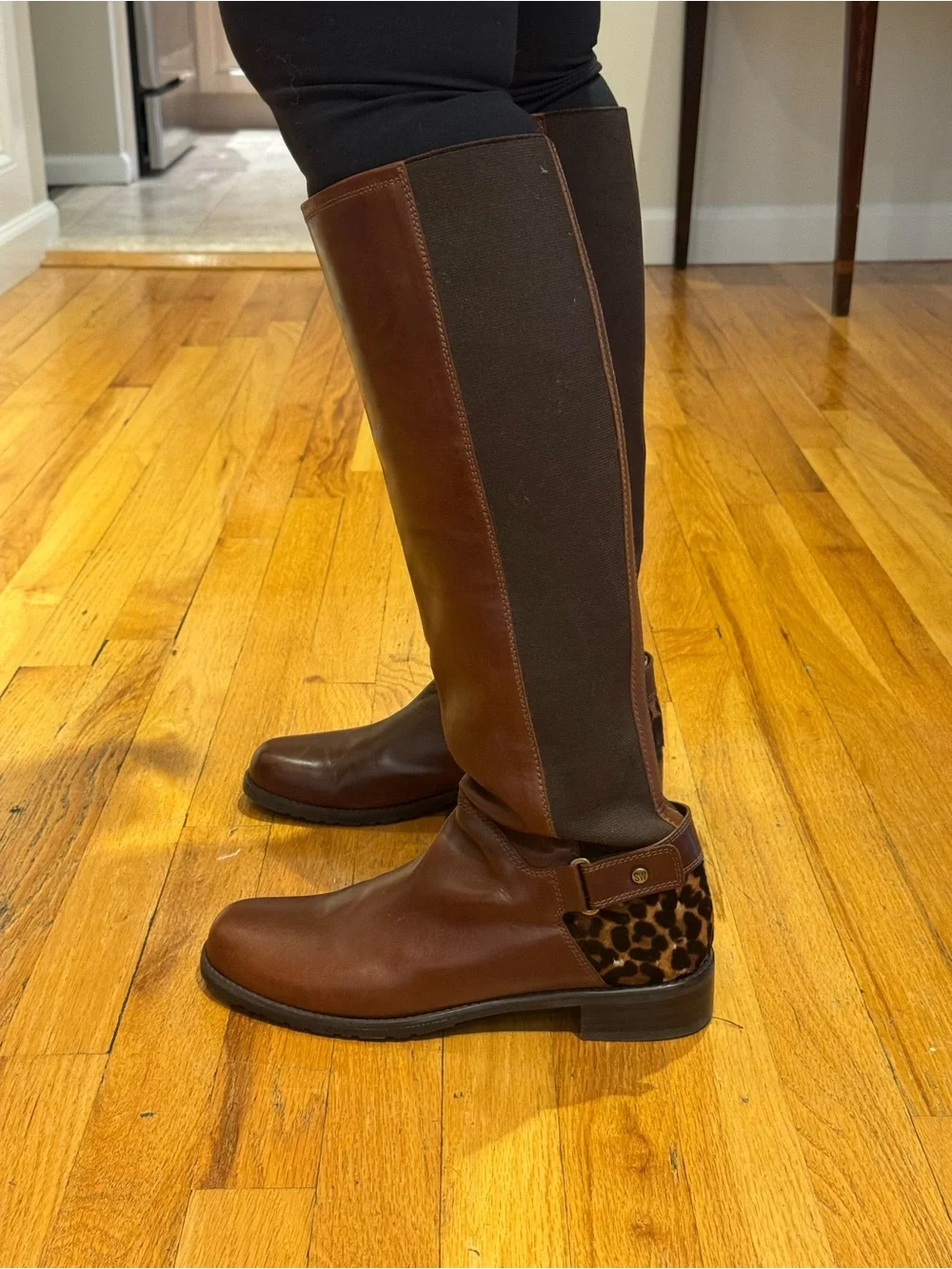 Women's Brown Leather Knee-High Riding Boots with Leopard Accent Stuart Weitzman